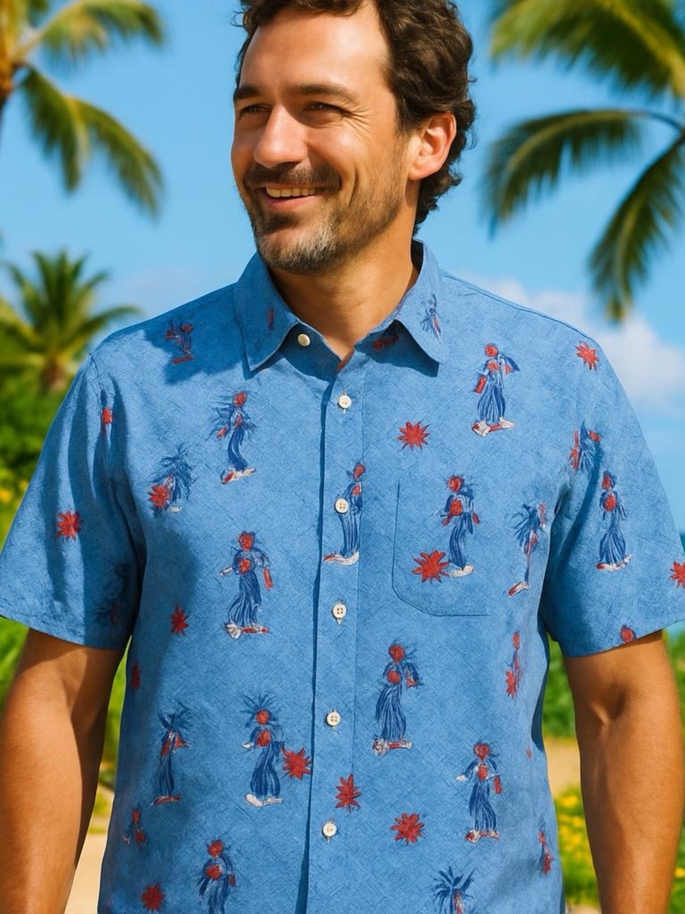 ⭐️ Blue Short-Sleeve Hawaiian Print Button-Up Shirt Size XL